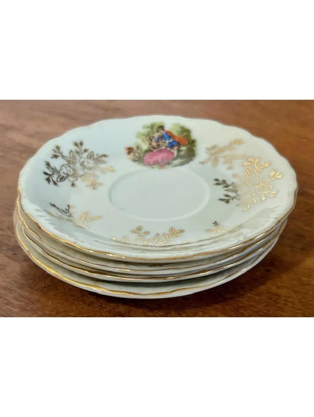 Set of 4 Vintage Porcelain Saucer Plates with Gold Detailing and Romantic Scene